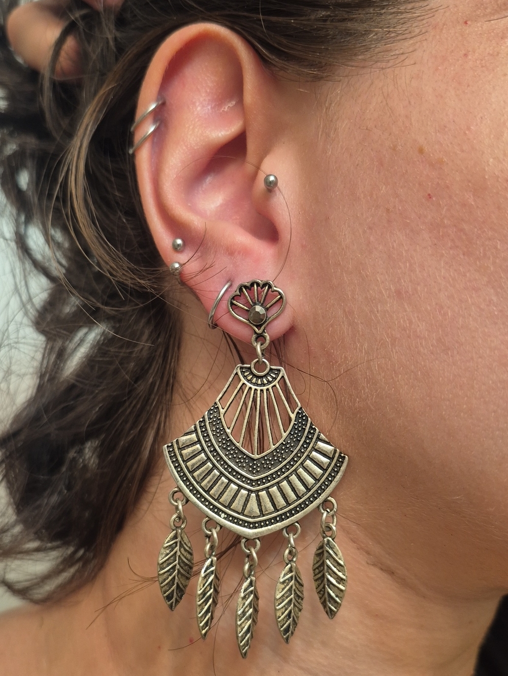 Boho Tribal Statement Drop Earrings – Sterling Silver Antique Feather Dangles
